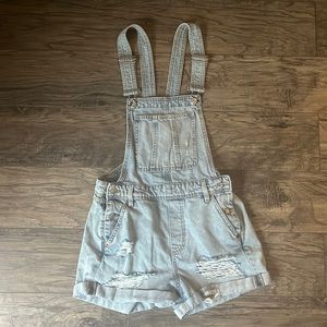 Distressed denim short overalls
